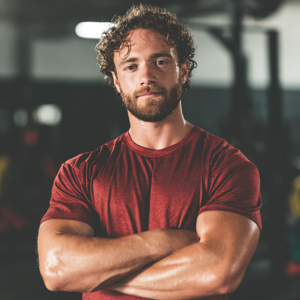Confident athletic man in gym setting demonstrating strength and determination