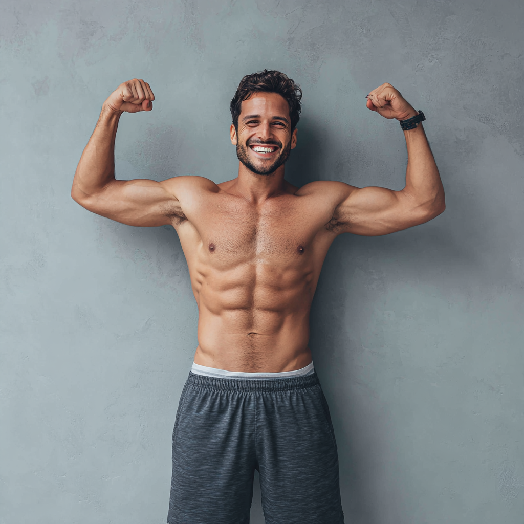Successful man celebrating achievement after completing fitness transformation program